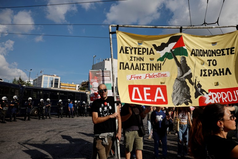 Protesters march outside the Israeli embassy, during a pro-Palestinian protest in Athens, Greece, October 29, 2023. REUTERS/Louisa Gouliamaki