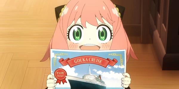 Spy x Family's Anya holds a poster for a cruise.