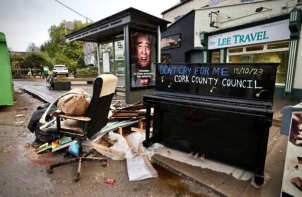 Writing on a discarded piano on Midleton Main Street, in the aftermath of last week's storm.