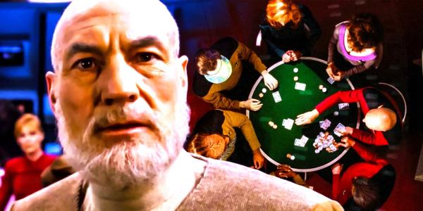 Patrick Stewart as Jean-Luc Picard and the cast of Star Trek: The Next Generation.