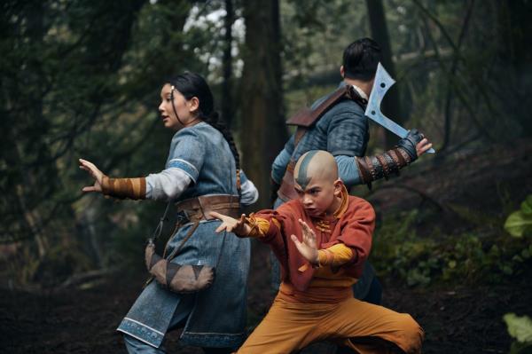 Gordon Cormier as Aang with Kiawentiio as Katara and Ian Ousley as Sokka in Battle Position in Avatar The Last Airbender